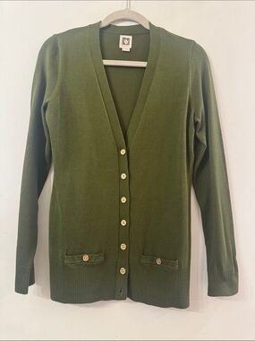 Anne Klein size Small Olive Green V-Neck Gold Button Front Cardigan